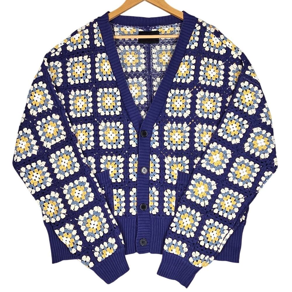 PACSUN ESTATE CROCHET CARDIGAN – MEN’S LARGE – BLUE/YELLOW/WHITE – 100% COTTON - Picture 1 of 11